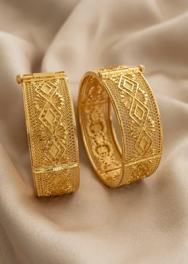 Gold_Textured_Floral_Stone_Embellished_Bangles_For_Women_(Set_Of_2)