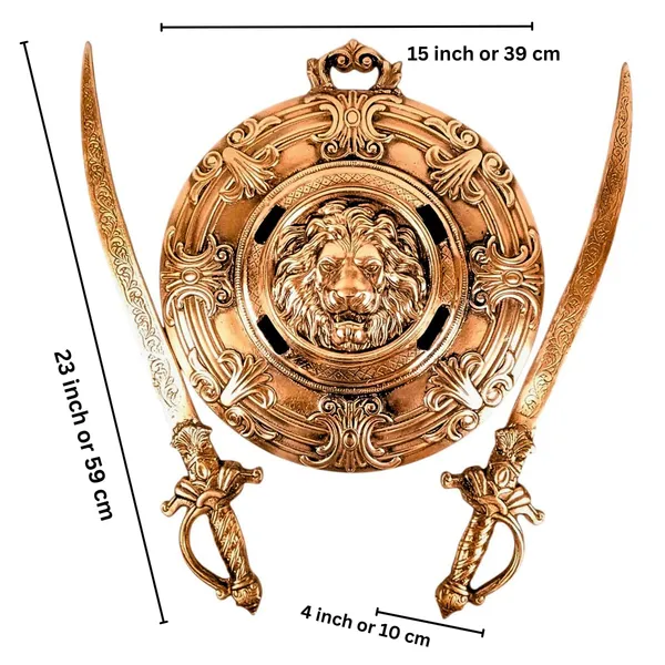 Aluminium_Antique_Bronze_Lion_Face_Dhal_Talwar_Wall_Hanging_Set
