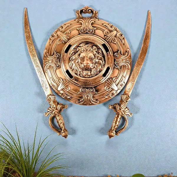Aluminium_Antique_Bronze_Lion_Face_Dhal_Talwar_Wall_Hanging_Set
