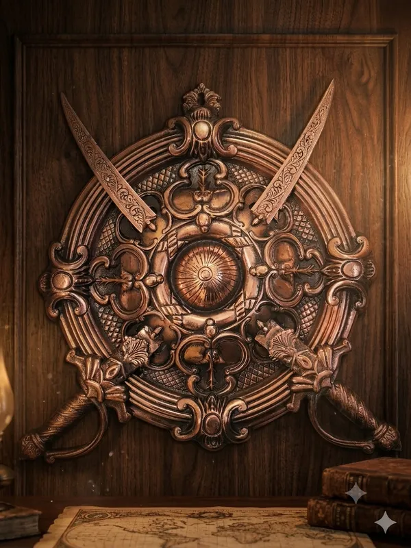 Aluminium_Copper_Antique_Baroque_Floral_Shield_Crossed_Swords_Wall_Hanging