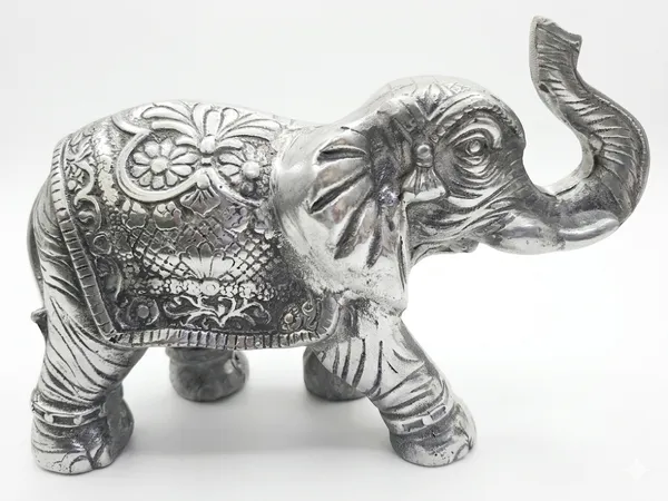 Aluminium_Silver_Embossed_Floral_Trunk_Up_Elephant_Figurine