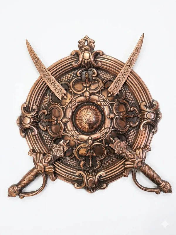 Aluminium_Copper_Antique_Baroque_Floral_Shield_Crossed_Swords_Wall_Hanging