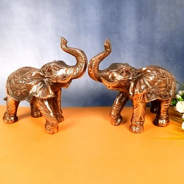 Aluminium_Copper_Ornate_Saddle_Raised_Trunk_Elephant_Figurine_Pair_Set_Of_2