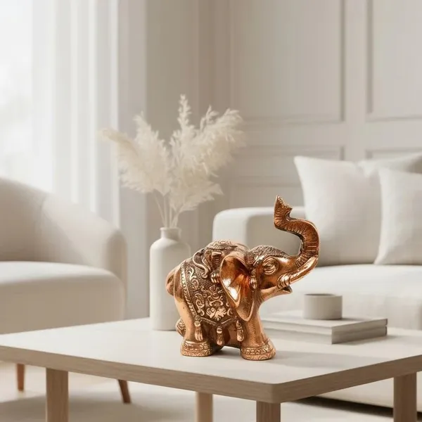 Aluminium_Copper_Floral_Engraved_Raised_Trunk_Elephant_Figurine
