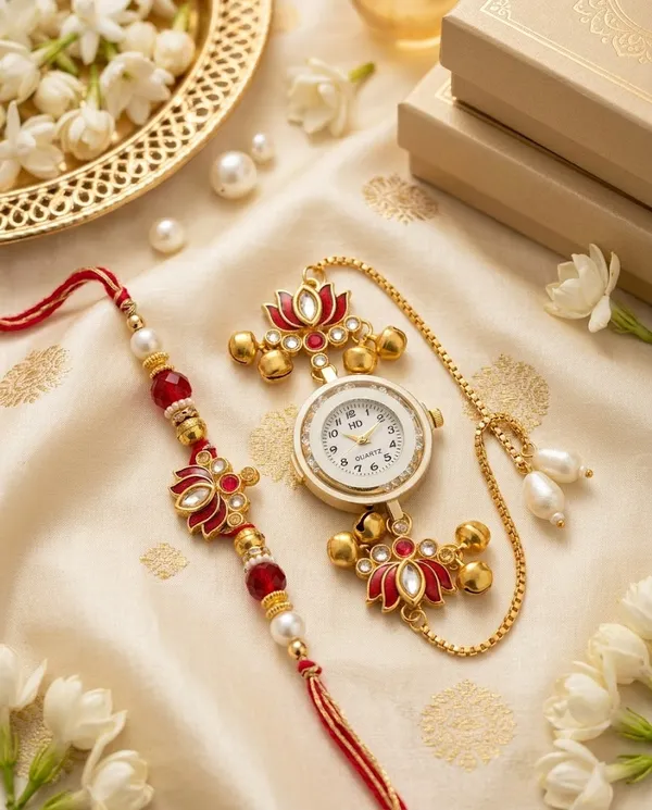 Round_Lotus_Kashmiri_Couple_Rakhi_and_Watch_(Bhaiya_Bhabhi)_For_Women_&_Men
