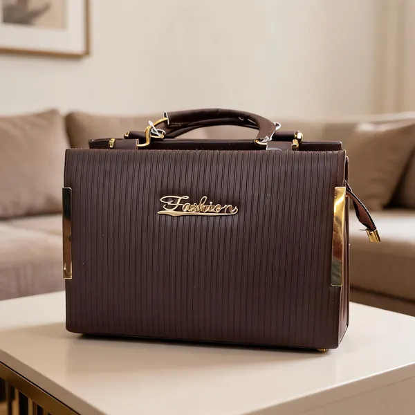 Brown_Textured_Box_Style_Handbag_With_Gold_Hardware