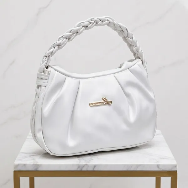 White_Faux_Leather_Braided_Handle_Shoulder_Bag_For_Women