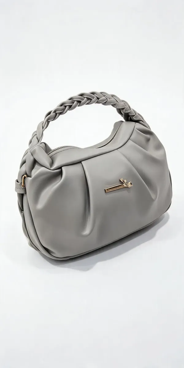 Grey_Faux_Leather_Braided_Handle_Shoulder_Bag_For_Women