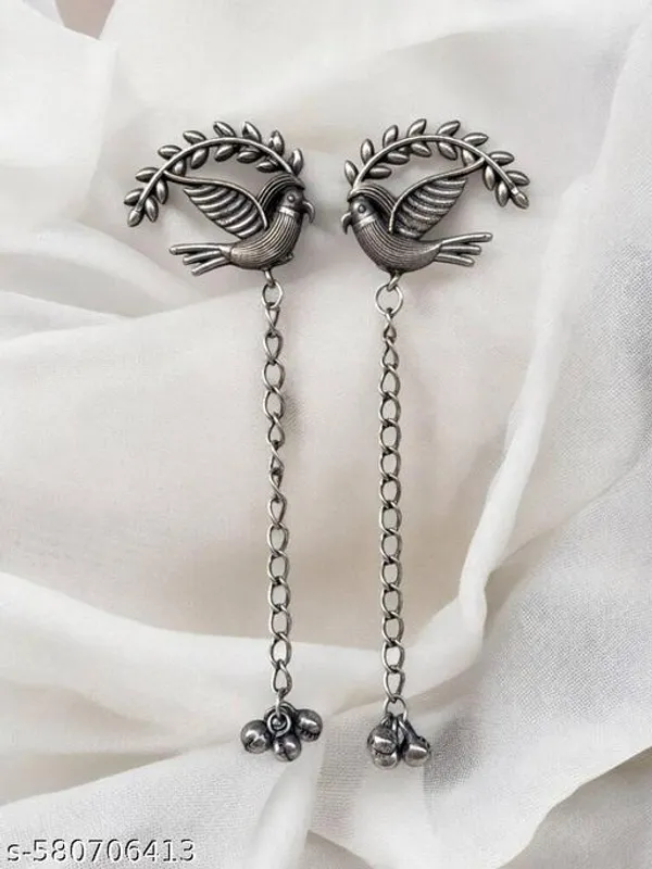 Stylish_Silver_Toned_Peacock_Shaped_Earrings_With_Leaf_Jhumki_Style