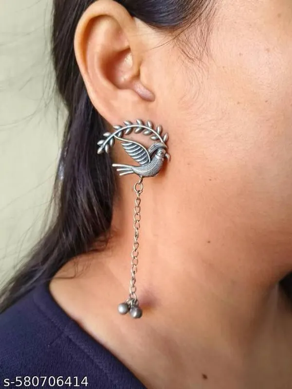 Stylish_Silver_Toned_Peacock_Shaped_Earrings_With_Leaf_Jhumki_Style