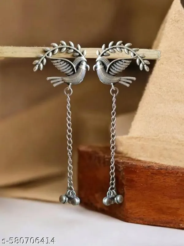Stylish_Silver_Toned_Peacock_Shaped_Earrings_With_Leaf_Jhumki_Style