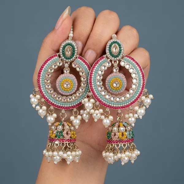 Heavy_Traditional_Jhumka_With_Pearls_And_Pink_Beads_Ethnic_Jewelry