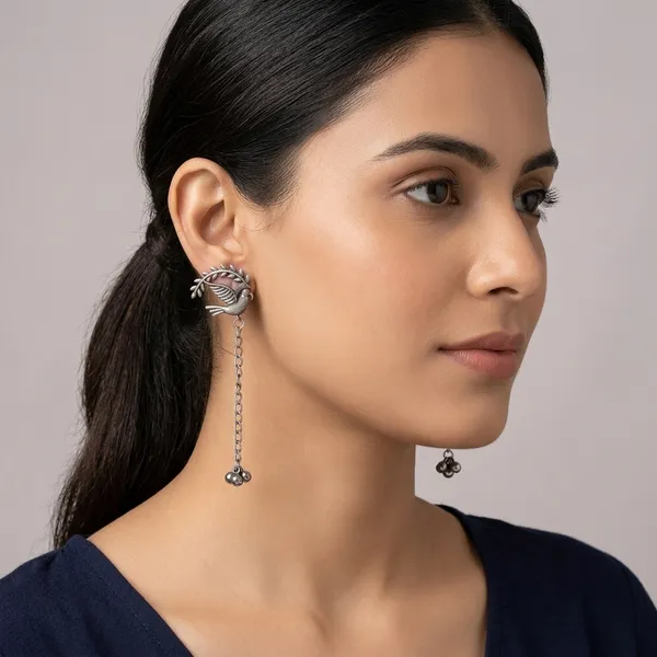 Stylish_Silver_Toned_Peacock_Shaped_Earrings_With_Leaf_Jhumki_Style