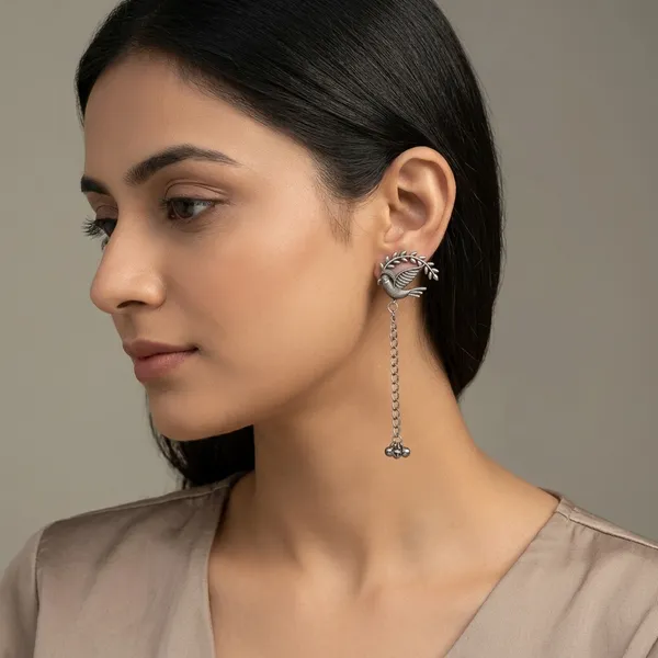 Stylish_Silver_Toned_Peacock_Shaped_Earrings_With_Leaf_Jhumki_Style