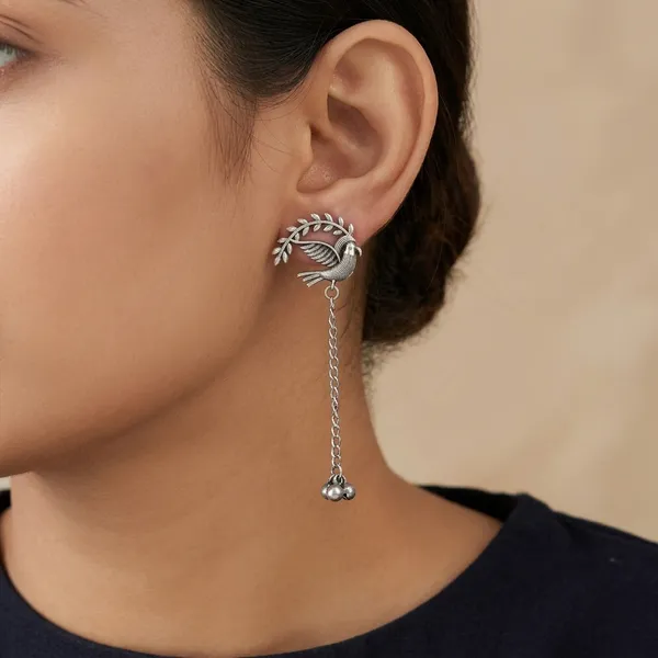 Stylish_Silver_Toned_Peacock_Shaped_Earrings_With_Leaf_Jhumki_Style
