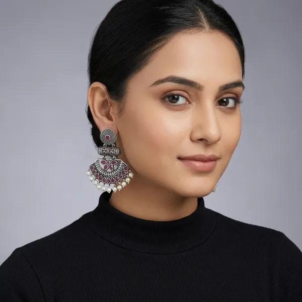 Stylish_Ethnic_Oxidised_Earrings_With_Pearl_Floral_Motifs