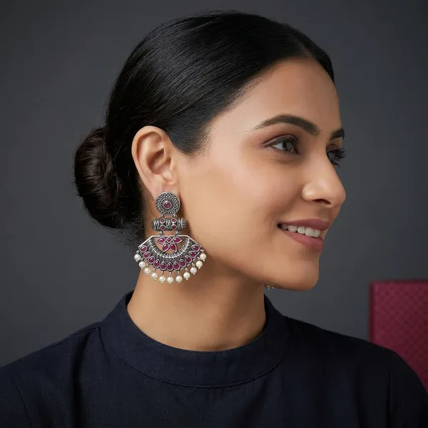 Stylish_Ethnic_Oxidised_Earrings_With_Pearl_Floral_Motifs