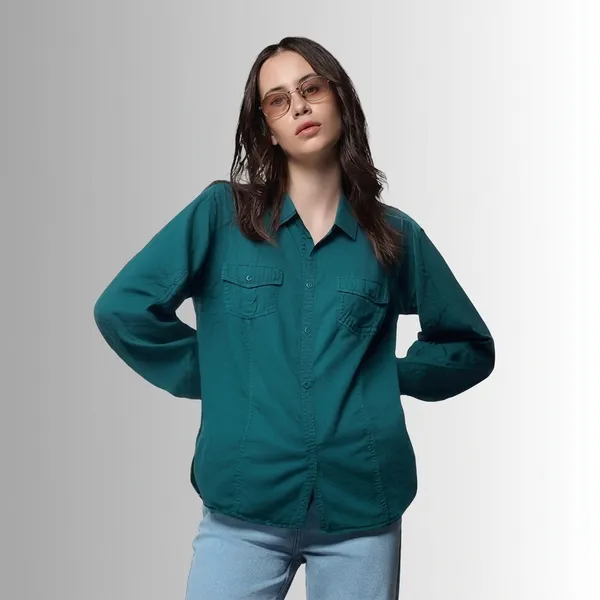 Bottle_Green_Cotton_Denim_Shirt_For_Women
