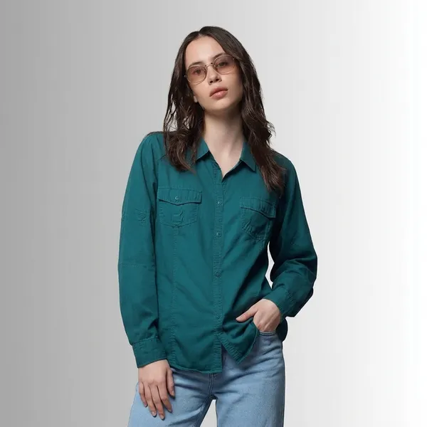 Bottle_Green_Cotton_Denim_Shirt_For_Women