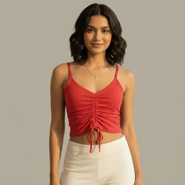 Red_Drawstring_Solid_Top_For_Women