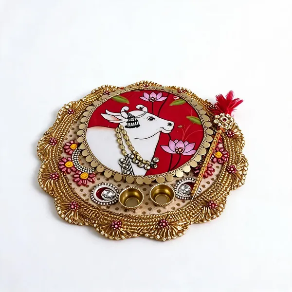 Red_Cow_Design_Traditional_Tilak_Platter_Red_And_Golden_Decorative_Pooja_Thali