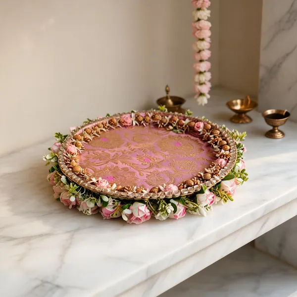 Brown_Floral_Banarasi_Fabric_Decorative_Pooja_Thali_(12_Inch,_Steel_Base)