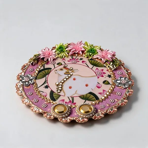 Pink_Floral_Cow_Theme_Decorative_Tilak_Platter_Pink_Designer_Pooja_Thali_Set