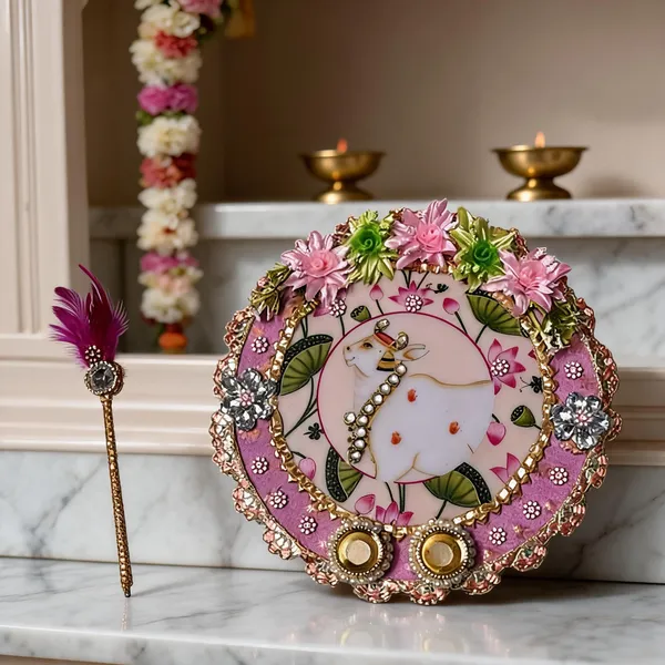 Pink_Floral_Cow_Theme_Decorative_Tilak_Platter_Pink_Designer_Pooja_Thali_Set