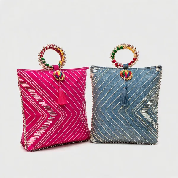 Pink_And_Blue_Lehriya_Gotapati_Gift_Bag_With_Chudi_Handle_(10X12_Inch)_Set_Of_2