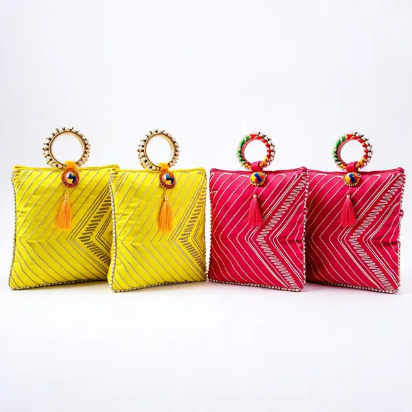 Yellow_And_Pink_Lehriya_Gotapati_Gift_Bag_With_Chudi_Handle_(10X12_Inch)_Set_Of_4