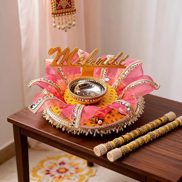 Orange_Mehendi_Ceremony_Lotus_Designer_Platter_With_Katori_And_Chopa_Sticks