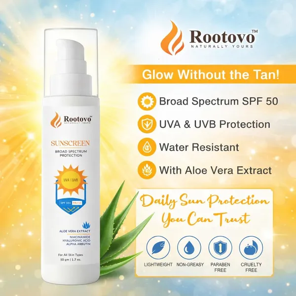Rootovo_Sunscreen_Broad_Spectrum_Protection_SPF_50+_PA+++_With_Aloe_Vera_Extract,_Niacinamide,_Hyaluronic_Acid,_Alpha_Arbutin_UVA/UVB_And_Blue_Light_Protection_Anti-Pollution_Factor_(APF)_Lightweight_Cream_No_White_Cast_Dermatology_Tested_Combo_50_g_+_50_g_Pack_of_2