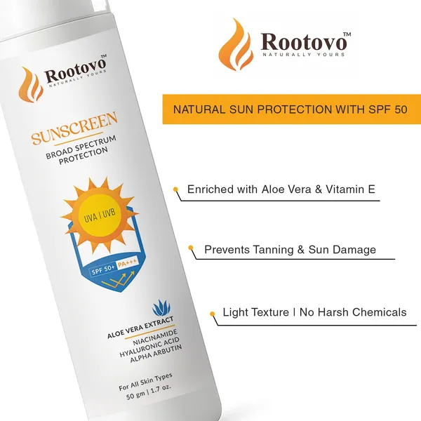 Rootovo_Sunscreen_SPF_50+_PA+++_with_Aloe_Vera_Extract,_Niacinamide,_Hyaluronic_Acid_And_Alpha_Arbutin_Broad_Spectrum_UVA/UVB_Protection_Lightweight,_Non-Greasy_Daily_Sunscreen_for_Men_And_Women_50_g