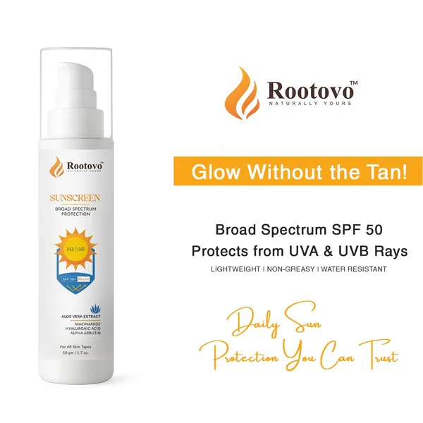 Rootovo_Sunscreen_SPF_50+_PA+++_with_Aloe_Vera_Extract,_Niacinamide,_Hyaluronic_Acid_And_Alpha_Arbutin_Broad_Spectrum_UVA/UVB_Protection_Lightweight,_Non-Greasy_Daily_Sunscreen_for_Men_And_Women_50_g