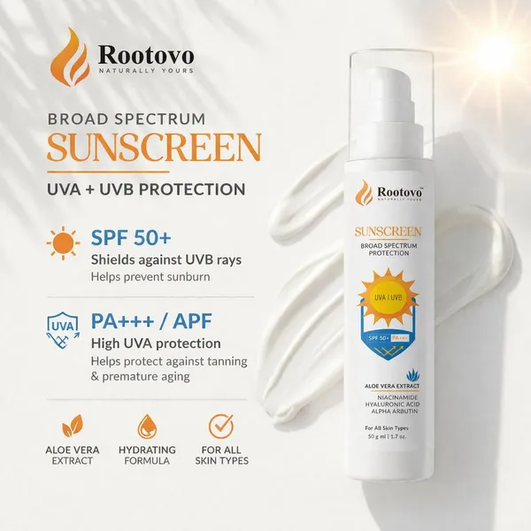 Rootovo_Sunscreen_SPF_50+_PA+++_with_Aloe_Vera_Extract,_Niacinamide,_Hyaluronic_Acid_And_Alpha_Arbutin_Broad_Spectrum_UVA/UVB_Protection_Lightweight,_Non-Greasy_Daily_Sunscreen_for_Men_And_Women_50_g