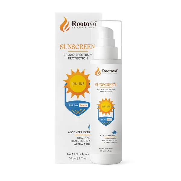 Rootovo_Sunscreen_SPF_50+_PA+++_with_Aloe_Vera_Extract,_Niacinamide,_Hyaluronic_Acid_And_Alpha_Arbutin_Broad_Spectrum_UVA/UVB_Protection_Lightweight,_Non-Greasy_Daily_Sunscreen_for_Men_And_Women_50_g