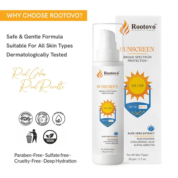 Rootovo_Sunscreen_SPF_50+_PA+++_with_Aloe_Vera_Extract,_Niacinamide,_Hyaluronic_Acid_And_Alpha_Arbutin_Broad_Spectrum_UVA/UVB_Protection_Lightweight,_Non-Greasy_Daily_Sunscreen_for_Men_And_Women_50_g