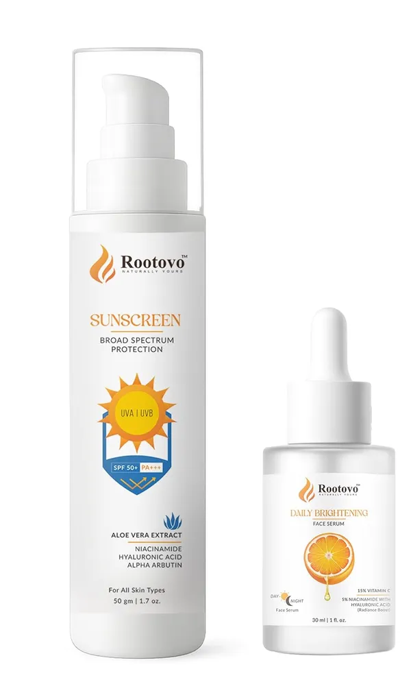 Rootovo_Vitamin_C_Face_Serum_And_SPF_50+_PA+++_Sunscreen_Combo_Brightening_And_Hydrating_Skincare_Set_for_Glowing_Skin_15%_Vitamin_C,_5%_Niacinamide,_Hyaluronic_Acid,_Alpha_Arbutin,_Aloe_Vera_Extract_For_All_Skin_Types_30ml_+_50g