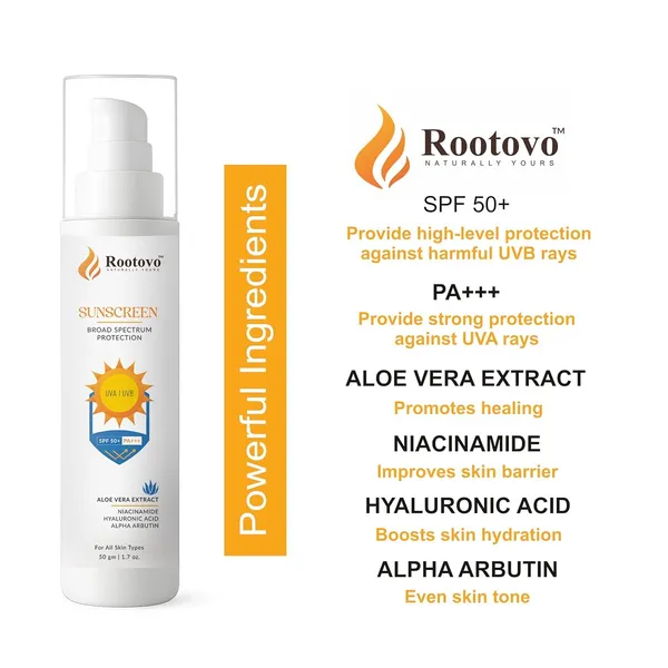 Rootovo_Rootovo_Sunscreen_SPF_50+_PA+++_Broad_Spectrum_Protection_UVA_And_UVB_Protection_with_Aloe_Vera_Extract,_Niacinamide,_Hyaluronic_Acid_And_Alpha_Arbutin_Sunscreen_for_Men_And_Women_50_gm