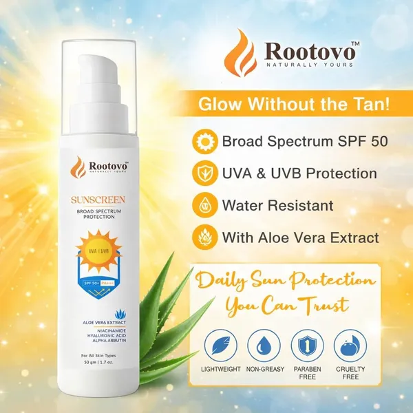 Rootovo_Rootovo_Sunscreen_SPF_50+_PA+++_Broad_Spectrum_Protection_UVA_And_UVB_Protection_with_Aloe_Vera_Extract,_Niacinamide,_Hyaluronic_Acid_And_Alpha_Arbutin_Sunscreen_for_Men_And_Women_50_gm