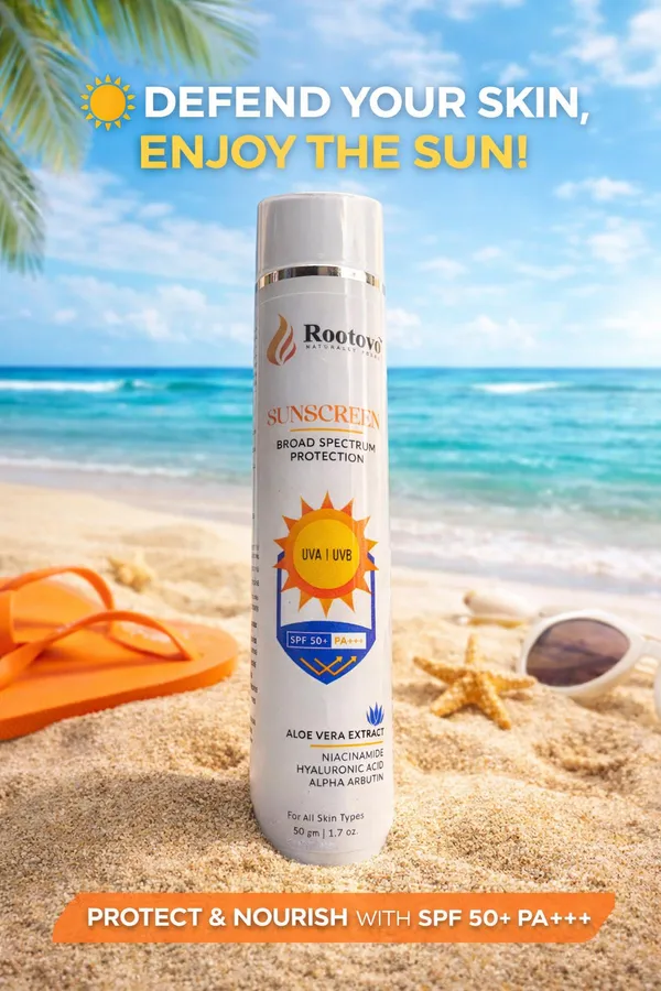 Rootovo_Sunscreen_Broad_Spectrum_Protection_SPF_50+_PA+++_With_Aloe_Vera_Extract,_Niacinamide,_Hyaluronic_Acid,_Alpha_Arbutin_UVA/UVB_And_Blue_Light_Protection_Anti-Pollution_Factor_(APF)_Lightweight_Cream_No_White_Cast_Dermatology_Tested_Combo_50_g_+_50_g_Pack_of_2