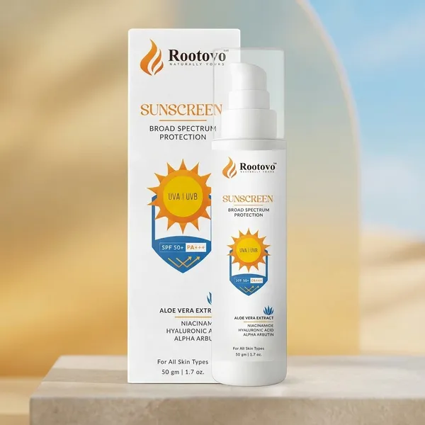 Rootovo_Sunscreen_Broad_Spectrum_Protection_SPF_50+_PA+++_With_Aloe_Vera_Extract,_Niacinamide,_Hyaluronic_Acid,_Alpha_Arbutin_UVA/UVB_And_Blue_Light_Protection_Anti-Pollution_Factor_(APF)_Lightweight_Cream_No_White_Cast_Dermatology_Tested_Combo_50_g_+_50_g_Pack_of_2