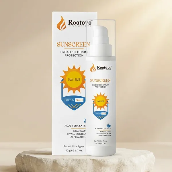 Rootovo_Sunscreen_SPF_50+_PA+++_with_Aloe_Vera_Extract,_Niacinamide,_Hyaluronic_Acid_And_Alpha_Arbutin_Broad_Spectrum_UVA/UVB_Protection_Lightweight,_Non-Greasy_Daily_Sunscreen_for_Men_And_Women_50_g