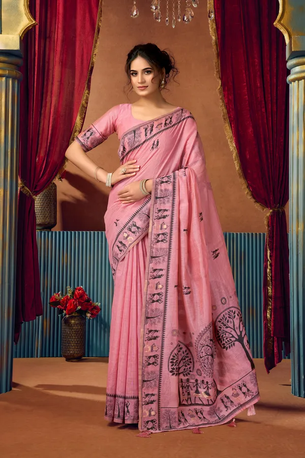 Green_Modal_Warli_Work_Pom_Pom_Saree_For_Women