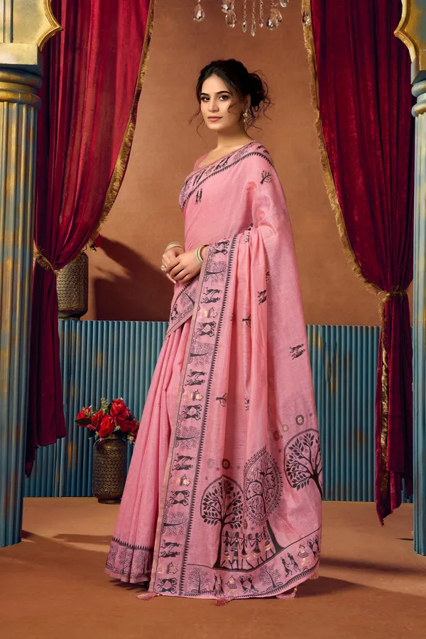 Green_Modal_Warli_Work_Pom_Pom_Saree_For_Women