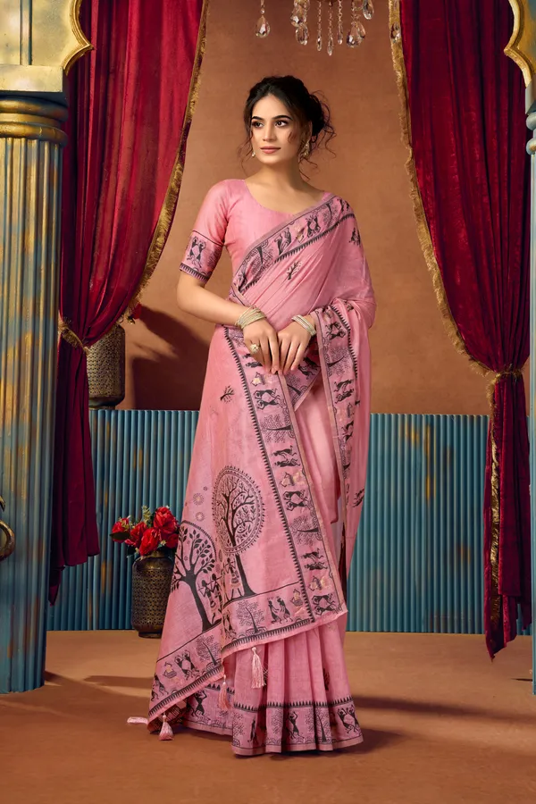 Green_Modal_Warli_Work_Pom_Pom_Saree_For_Women
