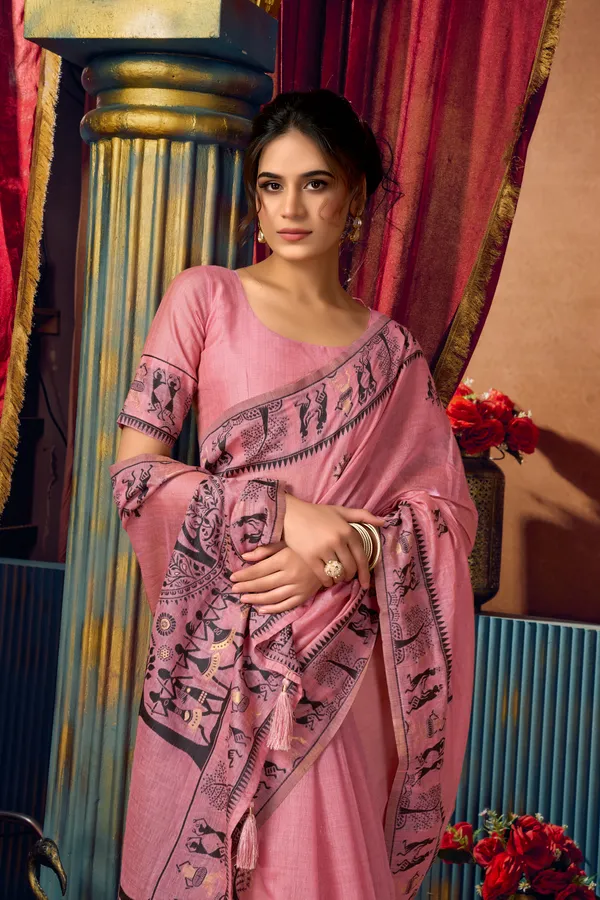 Green_Modal_Warli_Work_Pom_Pom_Saree_For_Women