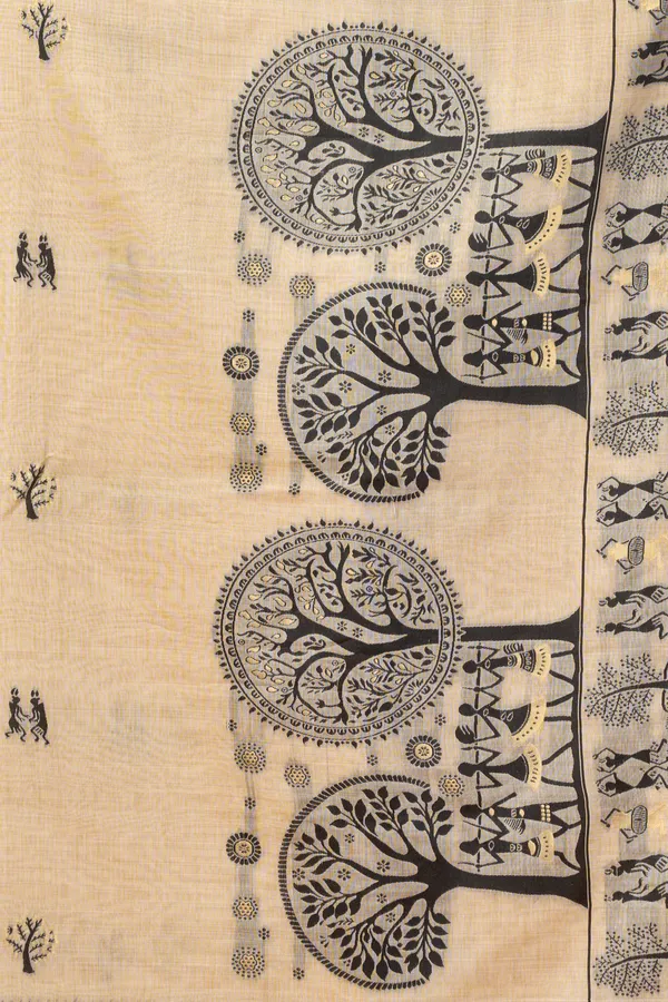 Yellow_Modal_Warli_Work_Pom_Pom_Saree_For_Women