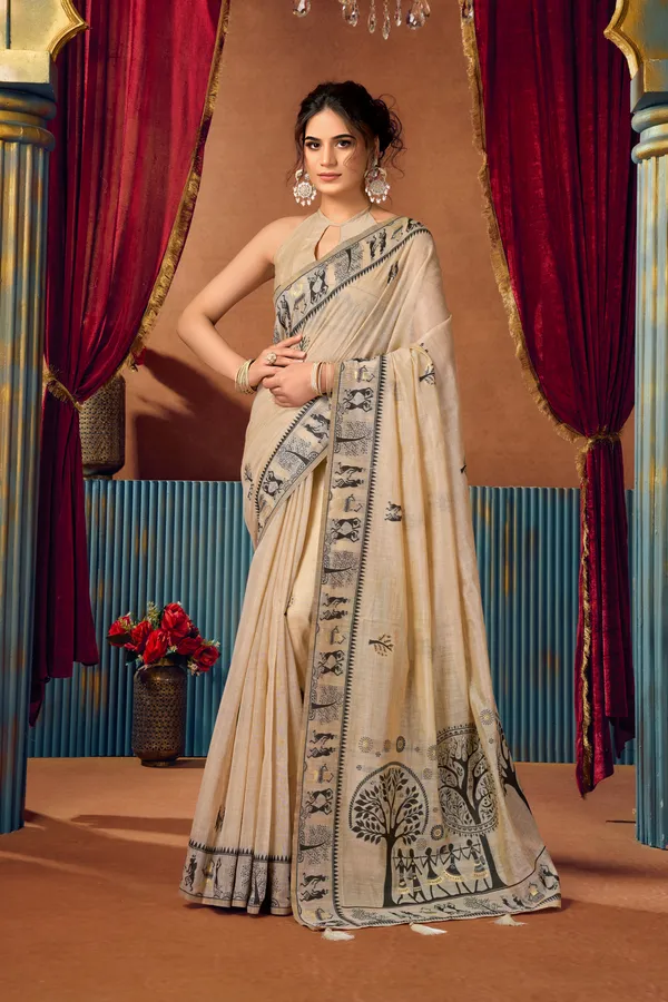 Yellow_Modal_Warli_Work_Pom_Pom_Saree_For_Women