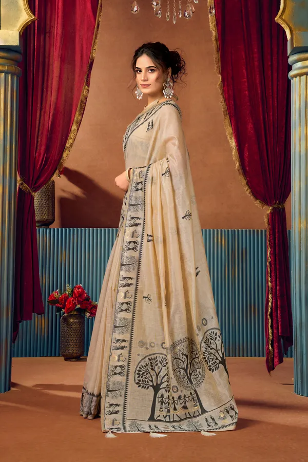 Yellow_Modal_Warli_Work_Pom_Pom_Saree_For_Women